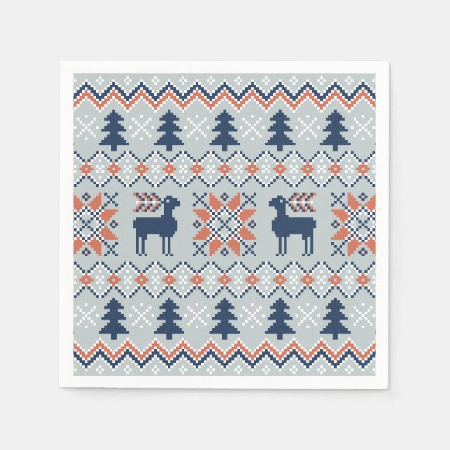 Blue Knited Christmas Sweater Reindeer Pattern  Napkins (Front)