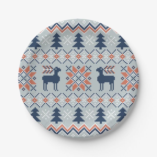 Blue Knited Christmas Sweater Reindeer Pattern  Paper Plates (Front)