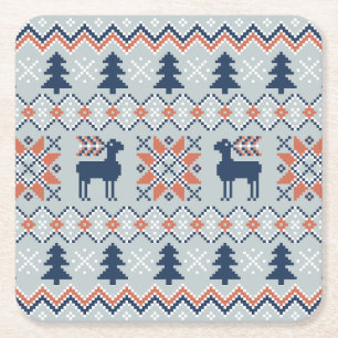 Blue Knited Christmas Sweater Reindeer Pattern Square Paper Coaster