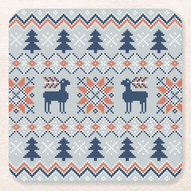 Blue Knited Christmas Sweater Reindeer Pattern  Square Paper Coaster (Front)