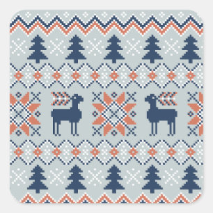 Blue Knited Christmas Sweater Reindeer Pattern  Square Sticker