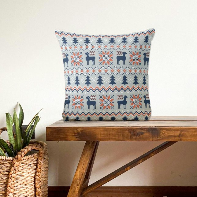 Blue Knited Christmas Sweater Reindeer Pattern Throw Pillow (Creator Uploaded)