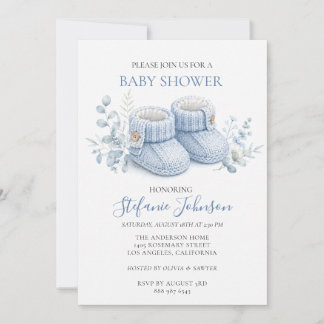 Blue Knitted Booties Boy Baby Shower Invitation