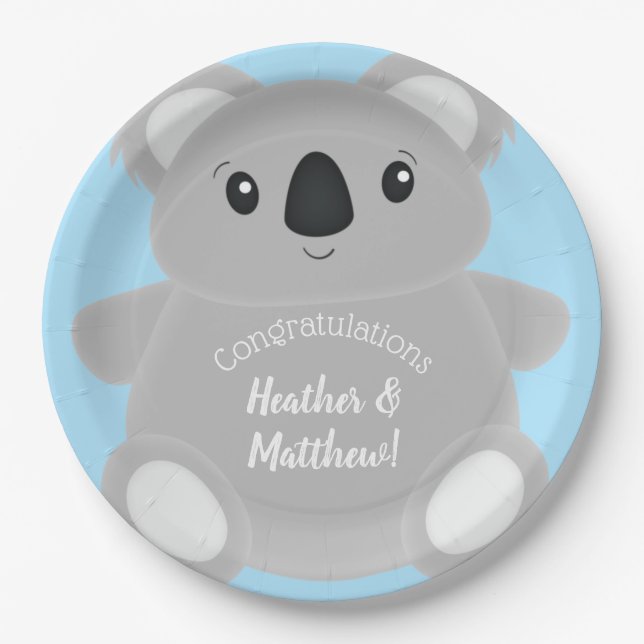 Blue Koala Bear Baby Shower Paper Plates (Front)