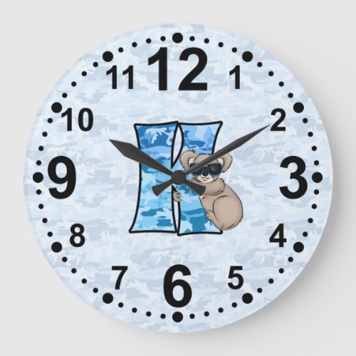 Blue Koala Camouflage Monogramed Letter K Large Clock