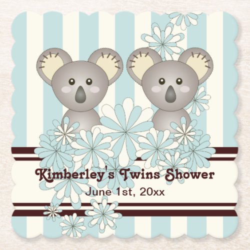 Blue Koala Twin Boy Baby Shower  Kids Birthday Paper Coaster