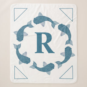 Blue Koi fish circling a monogram initial Sherpa Blanket