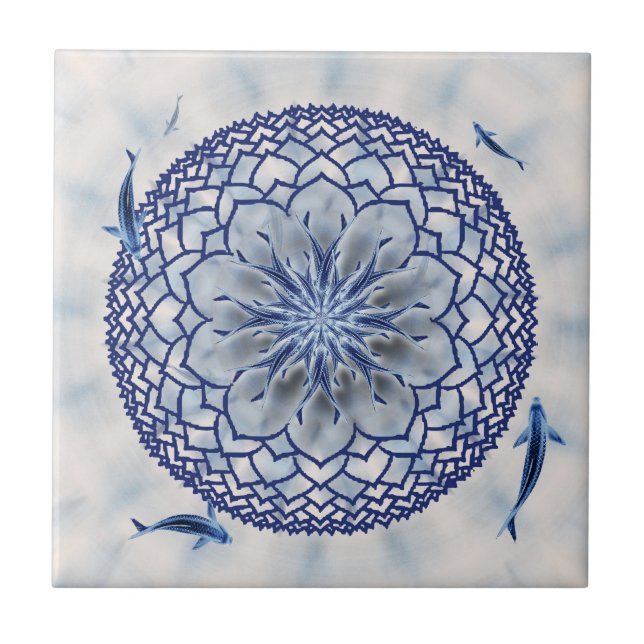 Blue Koi Lotus Mandala Ceramic Tile (Front)