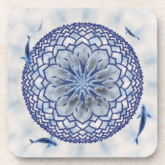 Blue Koi Lotus Mandala Square Cork Coasters