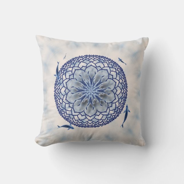 Blue Koi Lotus Mandala Throw Pillow (Front)
