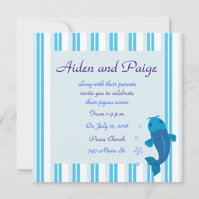Blue Koi Striped Wedding Invitations (Front)
