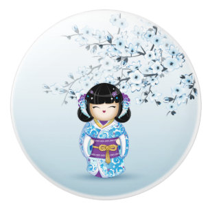 Blue Kokeshi Doll Cherry Blossom Ceramic Knob