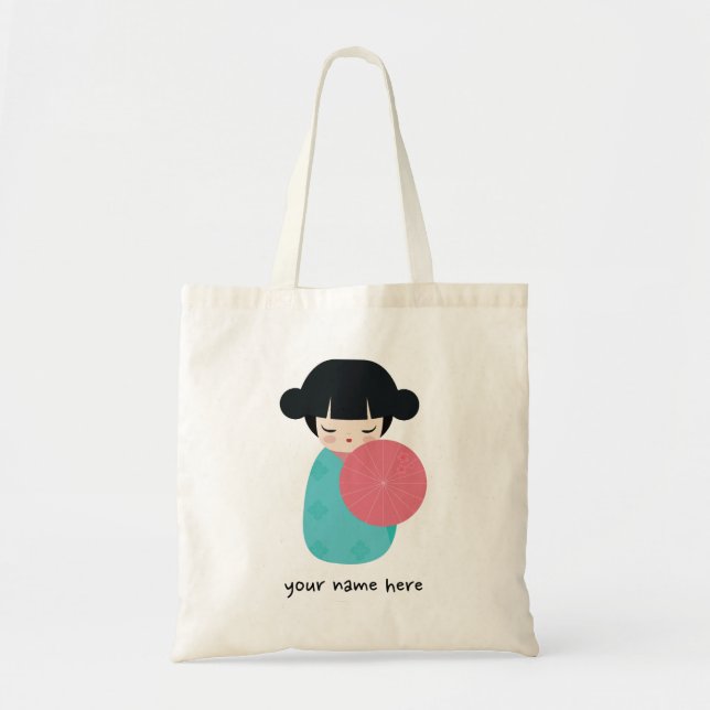 BLUE Kokeshi Doll - Cute Japanese Geisha Girl Tote Bag (Front)