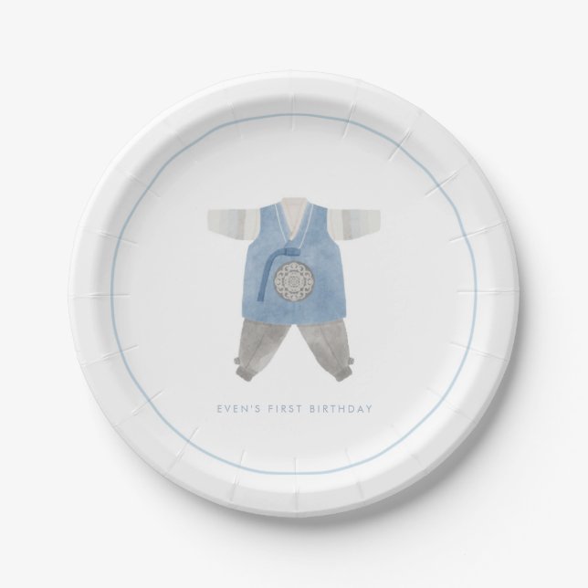 Blue Korean boy 1st birthday Doljanchi  Paper Plates (Front)