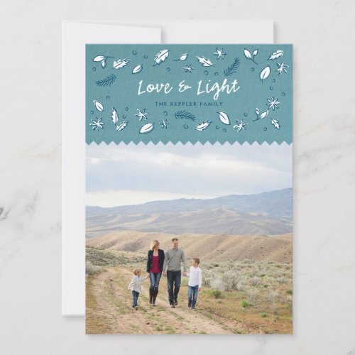 Blue Kraft Doodle Photo Love and Light Greeting Holiday Card