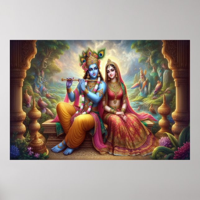 Blue Krishna Art: Radha & Deity Flute, Indian God  Poster (Front)