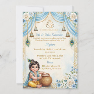 Blue Krishna Theme Rice Feeding Ceremony Invite