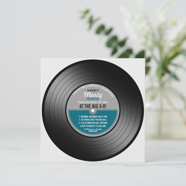 Blue Label Vinyl Record 50th Birthday Party Invitation (Standing Front)