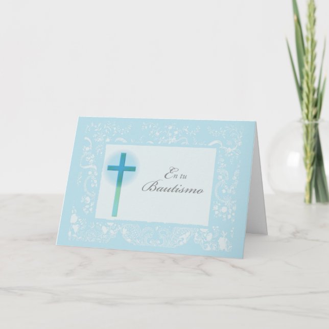 Blue Lace Baptism for Boy, Spanish Card (Front)