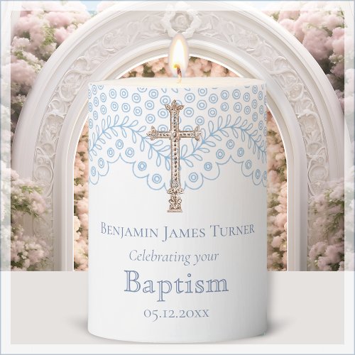 Blue Lace Baptism Keepsake Pillar Candle