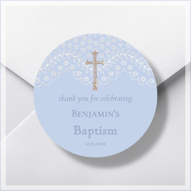 Blue Lace Baptism Thank You Classic Round Sticker (Creator Uploaded)