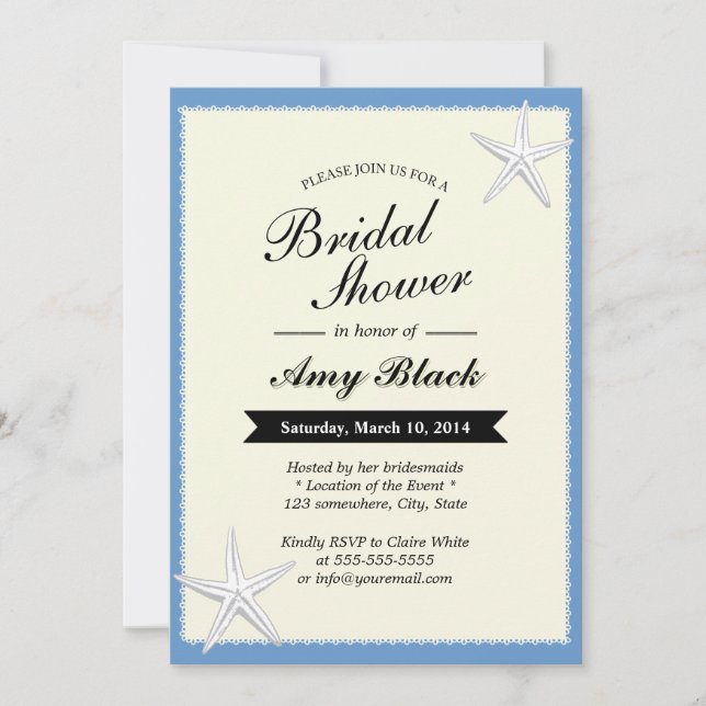 Blue Lace Border Starfish Bridal Shower Invitation (Front)