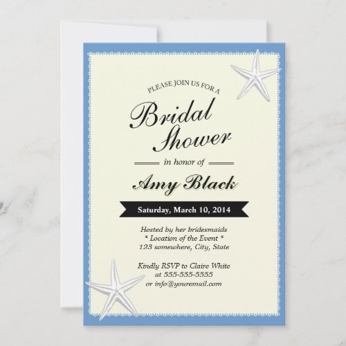 Blue Lace Border Starfish Bridal Shower Invitation 5" X 7" Invitation Card