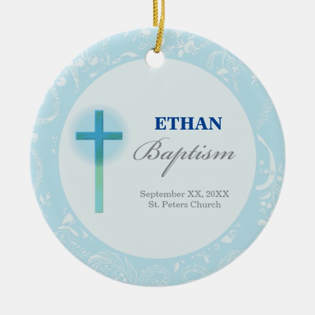 Blue Lace Boy Baptism Ceramic Ornament (Front)