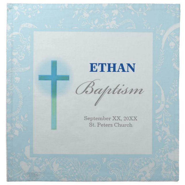 Blue Lace Boy Baptism Cloth Napkin (Front)