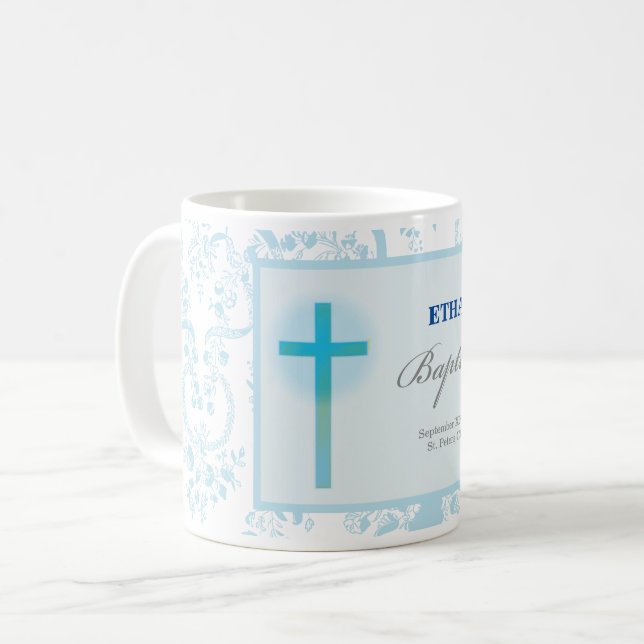 Blue Lace Boy Baptism Coffee Mug (Front Left)