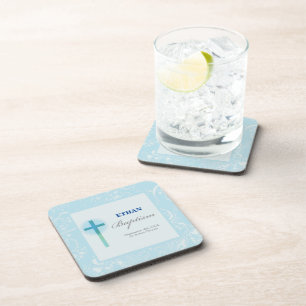 Blue Lace Boy Baptism Drink Coaster