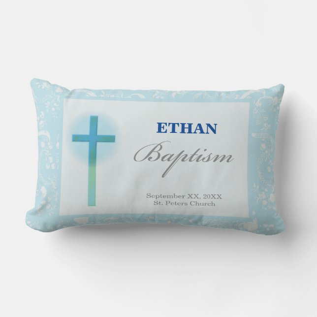 Blue Lace Boy Baptism Lumbar Pillow (Front)