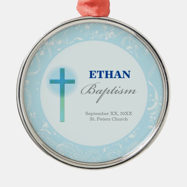 Blue Lace Boy Baptism Metal Ornament (Front)