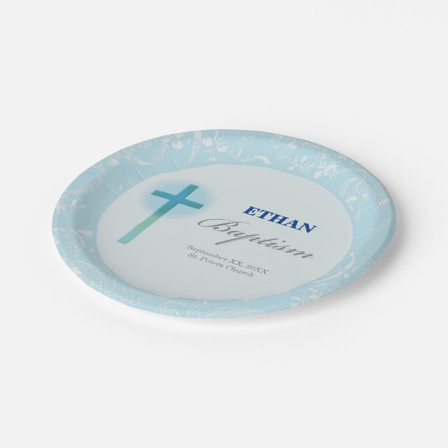 Blue Lace Boy Baptism Paper Plates (Angled)