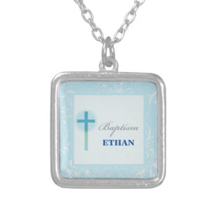 Blue Lace Boy Baptism Silver Plated Necklace