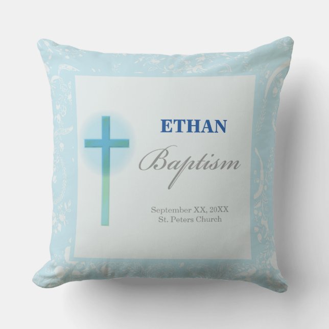 Blue Lace Boy Baptism Throw Pillow (Front)