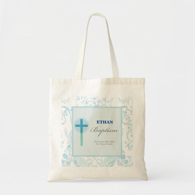 Blue Lace Boy Baptism Tote Bag (Front)