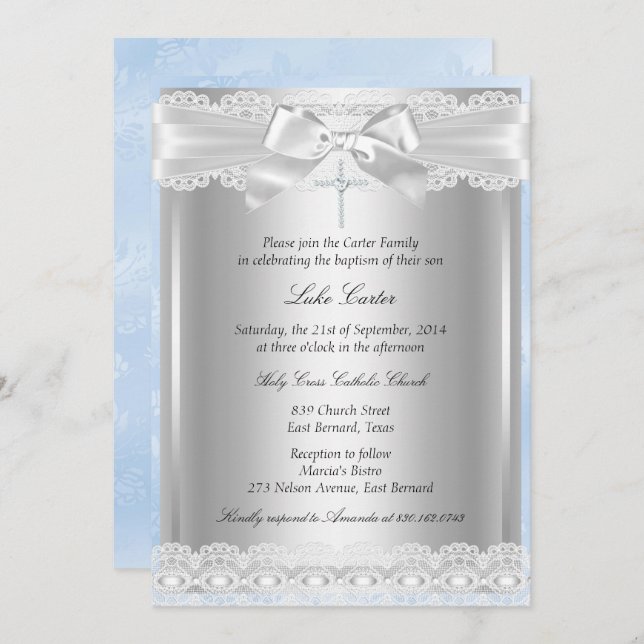 Blue Lace & Cross Baptism/Christening Invitation (Front/Back)