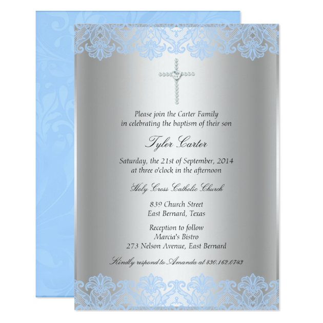 Blue Lace & Cross Baptism/Christening Invitation