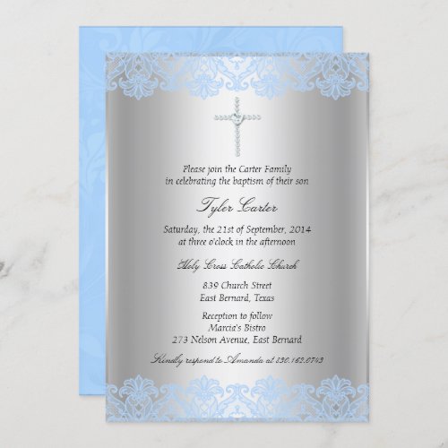 Blue Lace Cross BaptismChristening Invitation