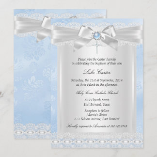Blue Lace Cross Baptism Christening Invitation