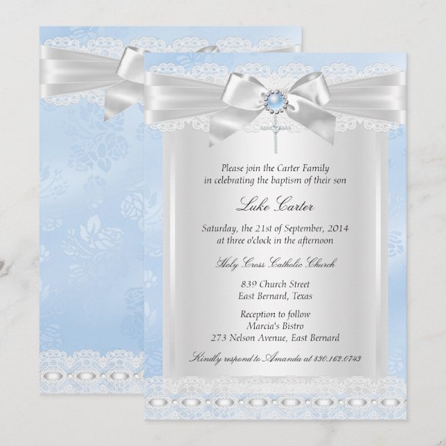 Blue Lace Cross Baptism Christening Invitation (Front/Back)