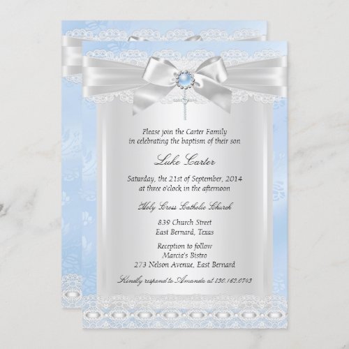 Blue Lace Cross Baptism Christening Invitation