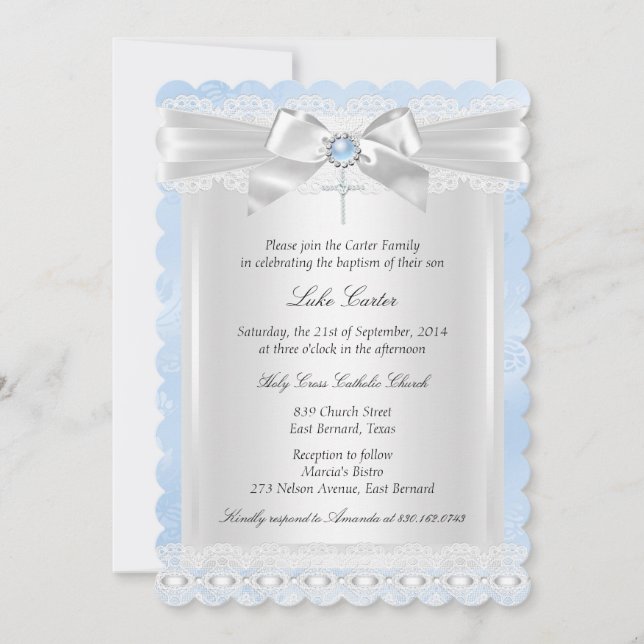 Blue Lace Cross Baptism Christening Invitation (Front)