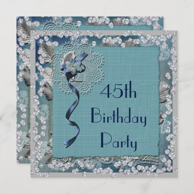 Blue Lace & Diamonds 45th Birthday Invitation (Front/Back)