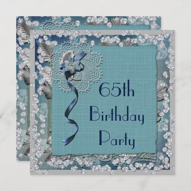 Blue Lace & Diamonds 65th Birthday Invitation (Front/Back)