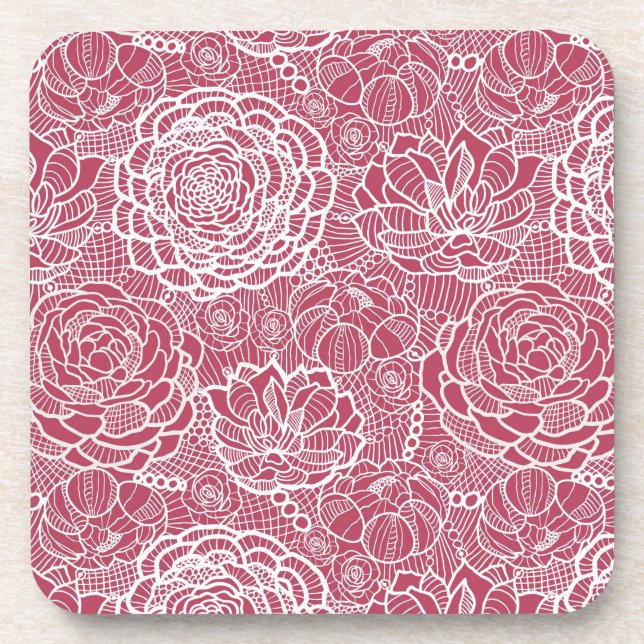Blue lace flowers pattern background beverage coaster (Front)