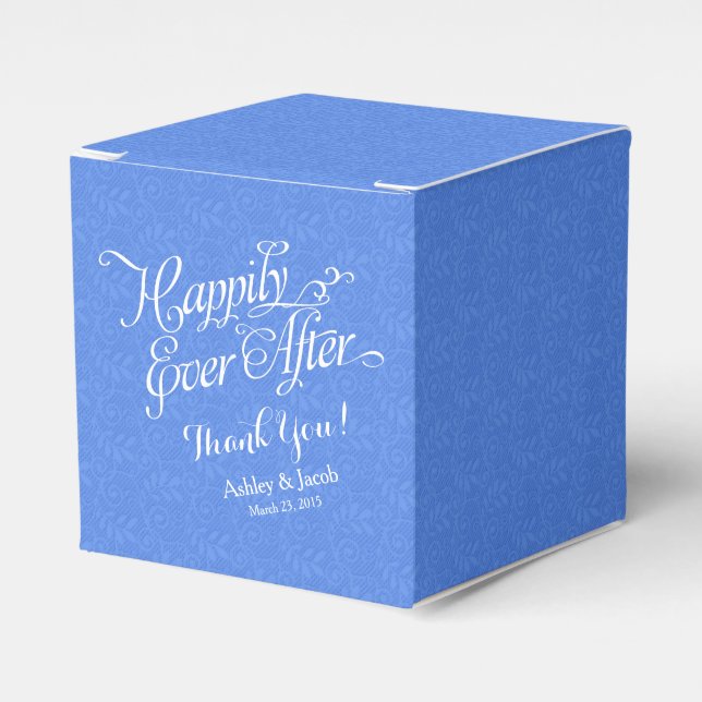 Blue Lace Happily Ever After Personalized Wedding Favor Boxes (Front Side)