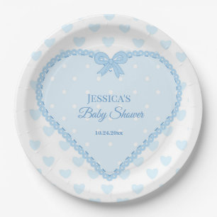 Blue Lace Heart Stars Boy Baby Shower Paper Plates