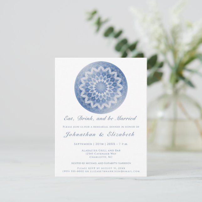 Blue Lace Mandala Rehearsal Dinner Invitation (Standing Front)